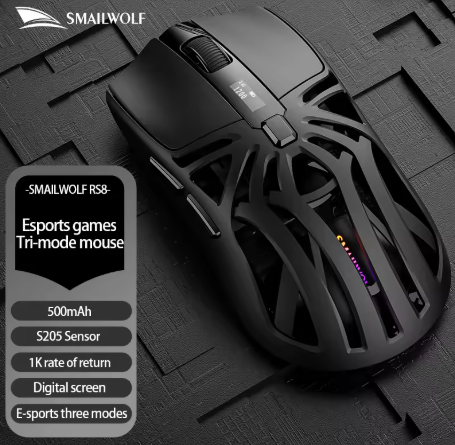 Mouse Gamer Sem Fio SMAILWOLF RS8 2026 NOVO, Bluetooth Três Modos, PAW3311 1KHZ, Formato Aranha, Ideal para Mãos Grandes