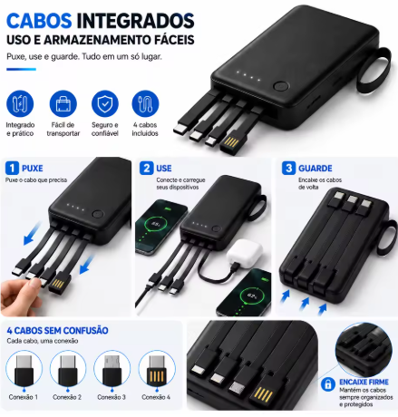 Power Bank Portátil 10400-15000mAh com Carregamento Rápido e 4 Cabos USB Integrados para Celular e Viagem